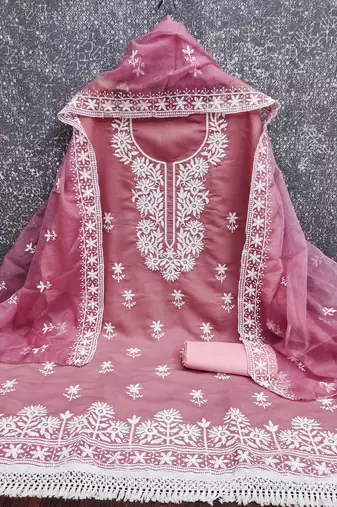 baby pink embroidered pv roman silk unstitched dress material 