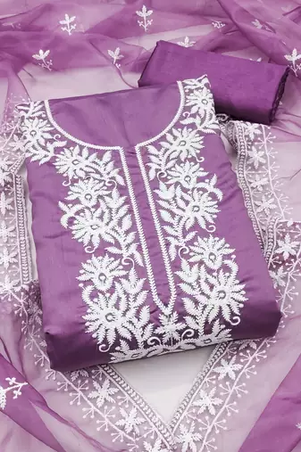 lavender embroidered pv roman silk unstitched dress material 