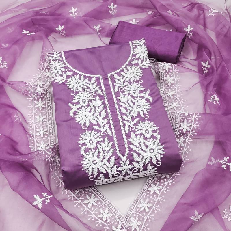 lavender embroidered pv roman silk unstitched dress material 
