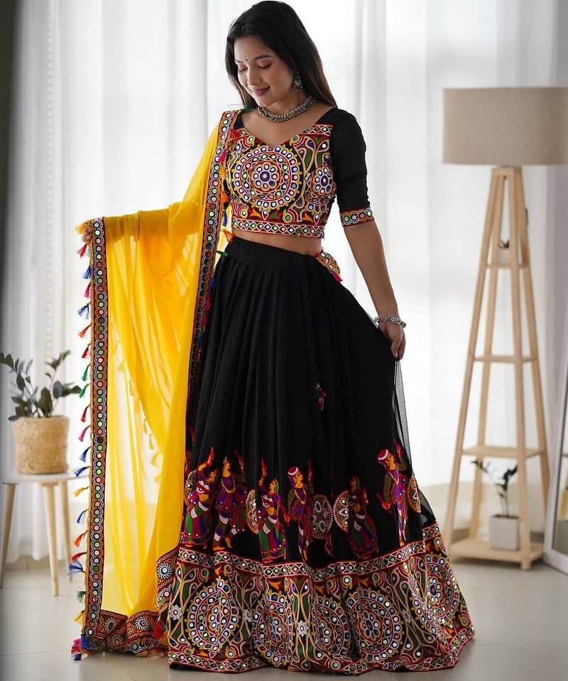 Black Chain stitch & Mirror work Georgette Lehenga Choli Set with Dupatta