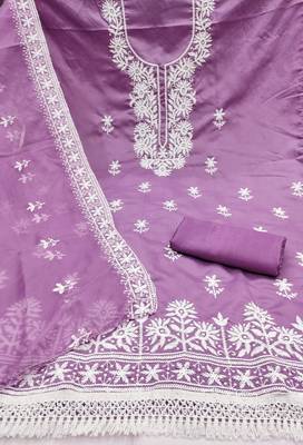 lavender embroidered pv roman silk unstitched dress material  2