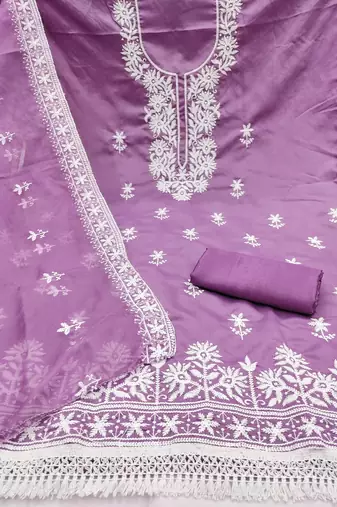 lavender embroidered pv roman silk unstitched dress material 
