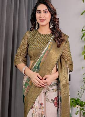 Olive color Digital Printed And Zari Woven Work Linen Saree 2