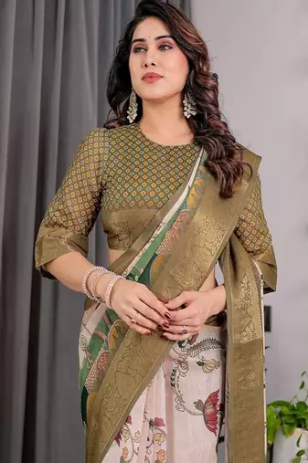 Olive color Digital Printed And Zari Woven Work Linen Saree