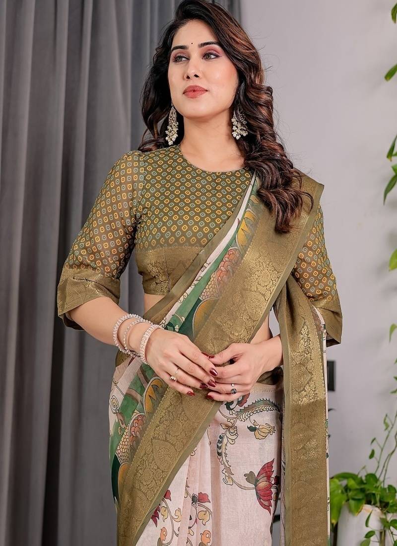 Olive color Digital Printed And Zari Woven Work Linen Saree