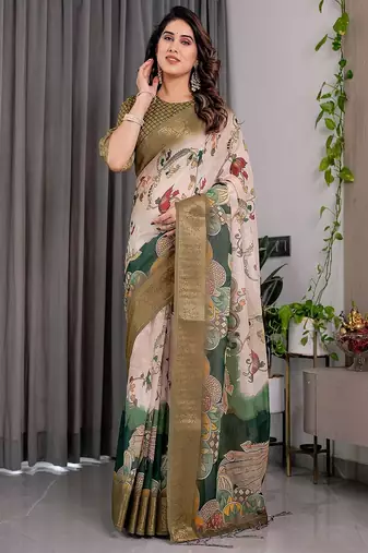 Olive color Digital Printed And Zari Woven Work Linen Saree