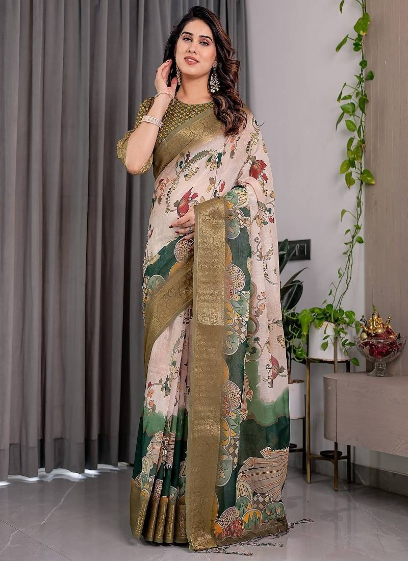 Olive color Digital Printed And Zari Woven Work Linen Saree