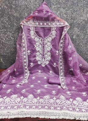 lavender embroidered pv roman silk unstitched dress material  3