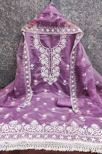 lavender embroidered pv roman silk unstitched dress material 