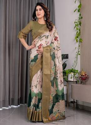 Olive color Digital Printed And Zari Woven Work Linen Saree 1