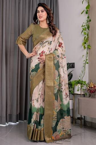Olive Digital Printed And Zari Woven Work Linen Saree