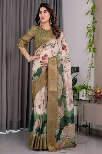 Olive color Digital Printed And Zari Woven Work Linen Saree