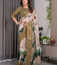 Olive color Digital Printed And Zari Woven Work Linen Saree