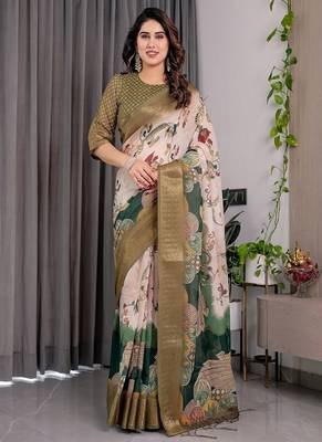 Olive color Digital Printed And Zari Woven Work Linen Saree 5