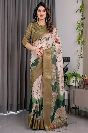 Olive color Digital Printed And Zari Woven Work Linen Saree