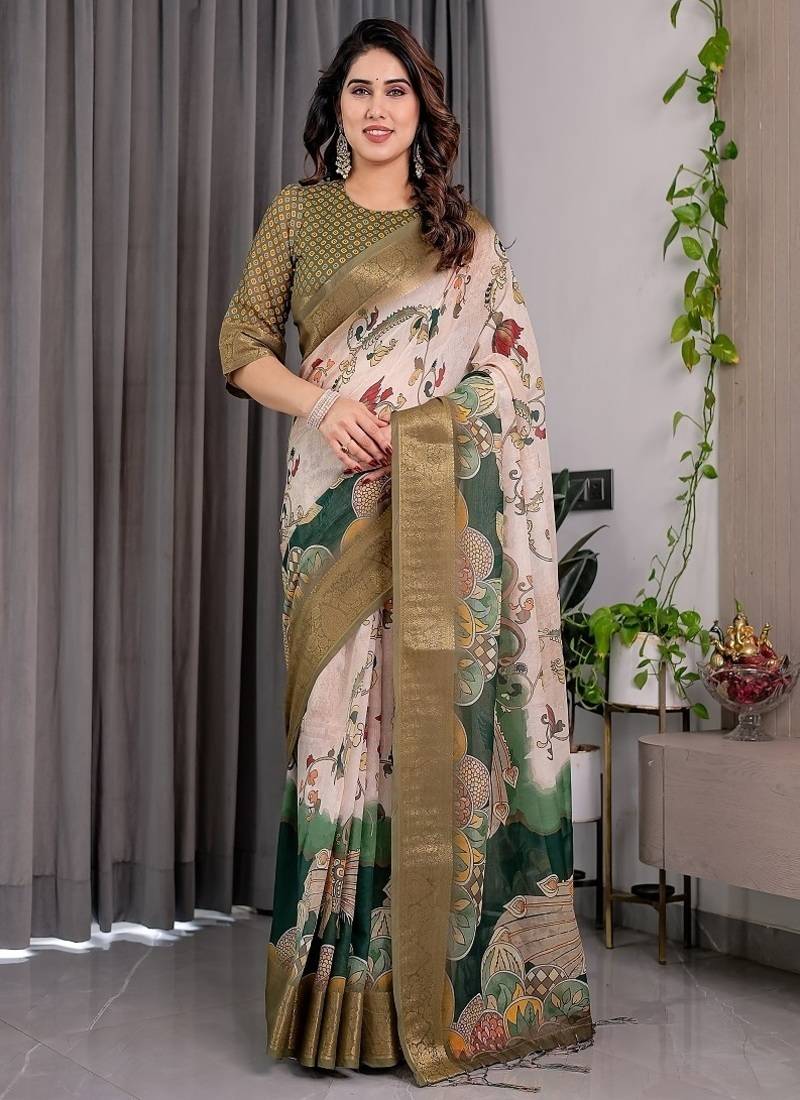 Olive color Digital Printed And Zari Woven Work Linen Saree