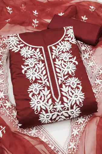rust embroidered pv roman silk unstitched dress material 