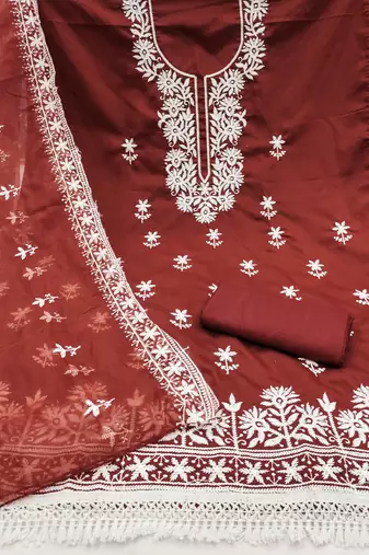 rust embroidered pv roman silk unstitched dress material 