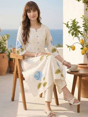 Women Floral Printed Pleated Pure Cotton Kurta with Trousers 1