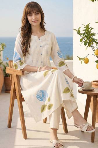 Women Floral Printed Pleated Pure Cotton Kurta with Trousers