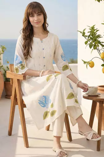Women Floral Printed Pleated Pure Cotton Kurta with Trousers