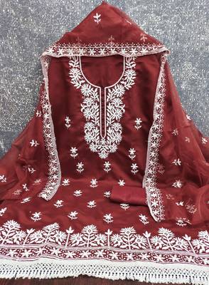 rust embroidered pv roman silk unstitched dress material  3