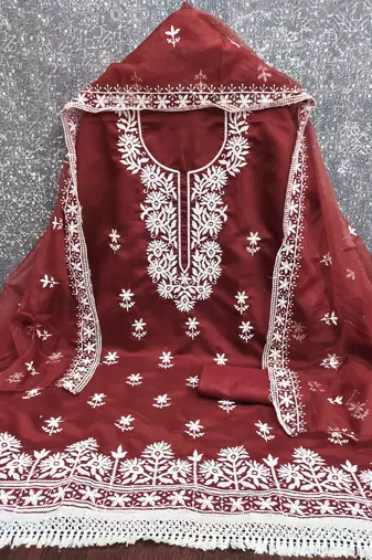 rust embroidered pv roman silk unstitched dress material 