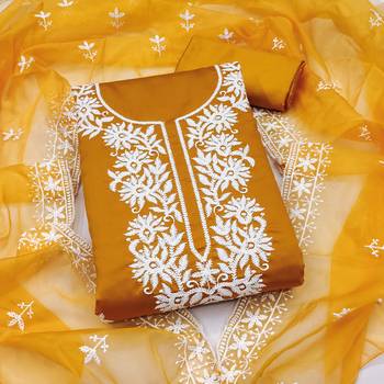 mustard embroidered pv roman silk unstitched dress material  1