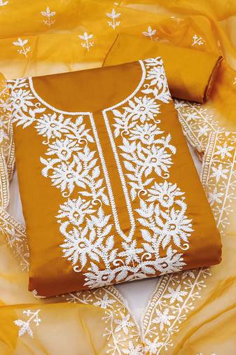 mustard embroidered pv roman silk unstitched dress material 