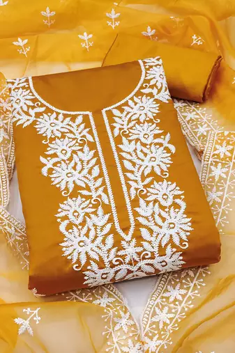 mustard embroidered pv roman silk unstitched dress material 