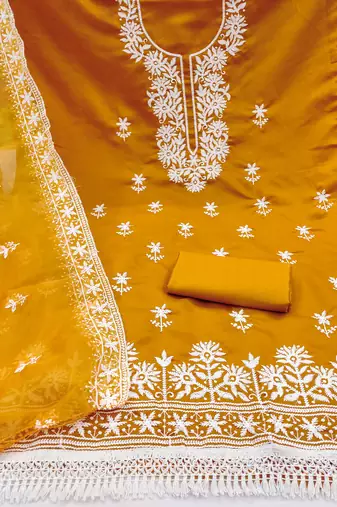 mustard embroidered pv roman silk unstitched dress material 