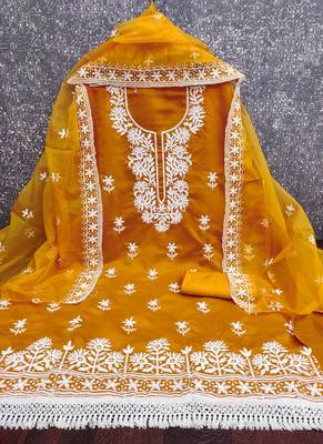 mustard embroidered pv roman silk unstitched dress material  3