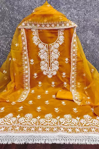 mustard embroidered pv roman silk unstitched dress material 