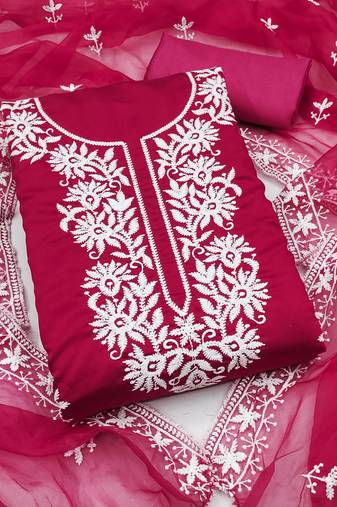 pink embroidered pv roman silk unstitched dress material 