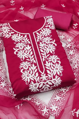 pink embroidered pv roman silk unstitched dress material 