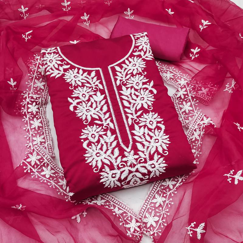 pink embroidered pv roman silk unstitched dress material 