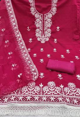 pink embroidered pv roman silk unstitched dress material  2