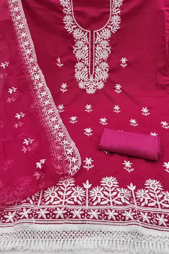 pink embroidered pv roman silk unstitched dress material 