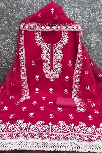 pink embroidered pv roman silk unstitched dress material 
