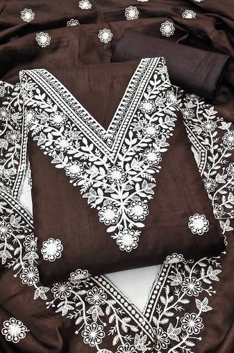 brown embroidered jalpari cotton unstitched dress material 