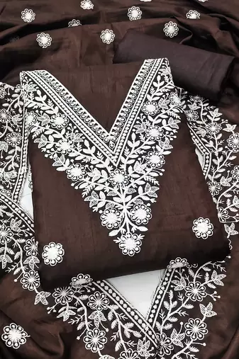 brown embroidered jalpari cotton unstitched dress material 