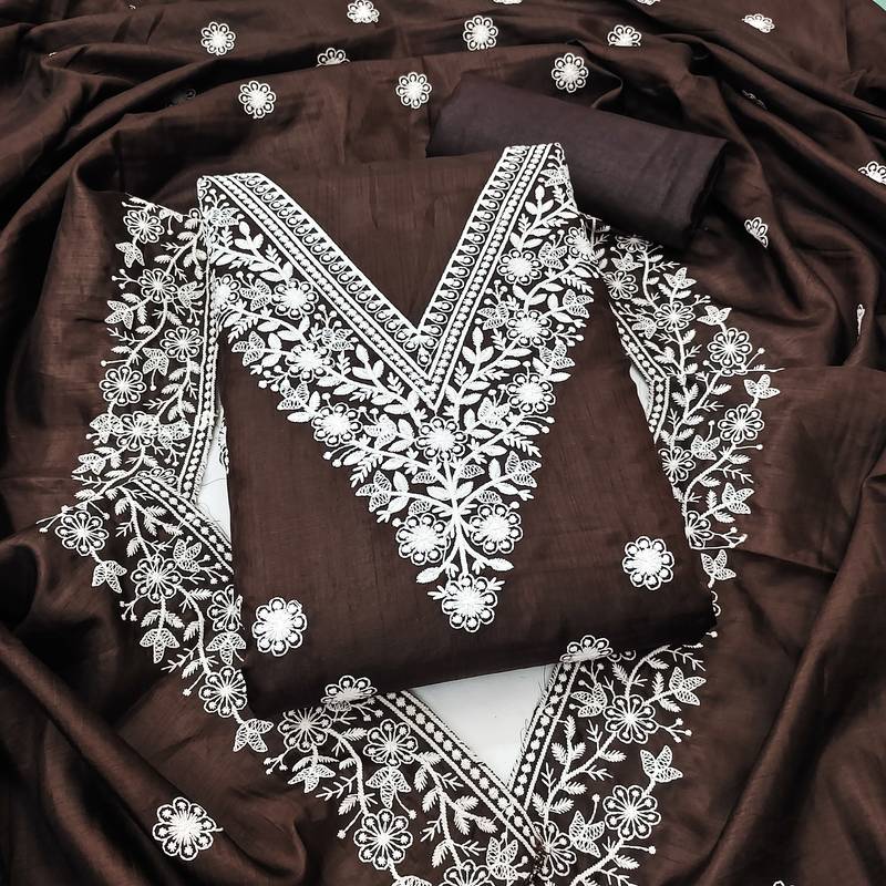 brown embroidered jalpari cotton unstitched dress material 