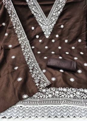 brown embroidered jalpari cotton unstitched dress material  2