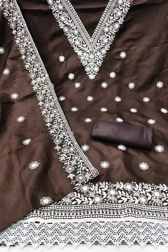 brown embroidered jalpari cotton unstitched dress material 