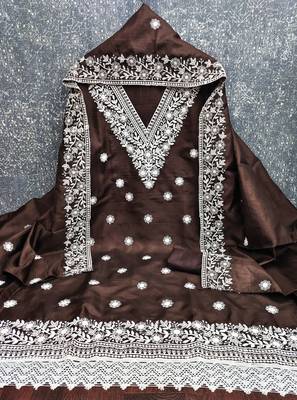 brown embroidered jalpari cotton unstitched dress material  3