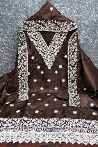 brown embroidered jalpari cotton unstitched dress material 