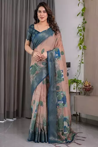 Teal color Digital Printed And Zari Woven Work Linen Saree