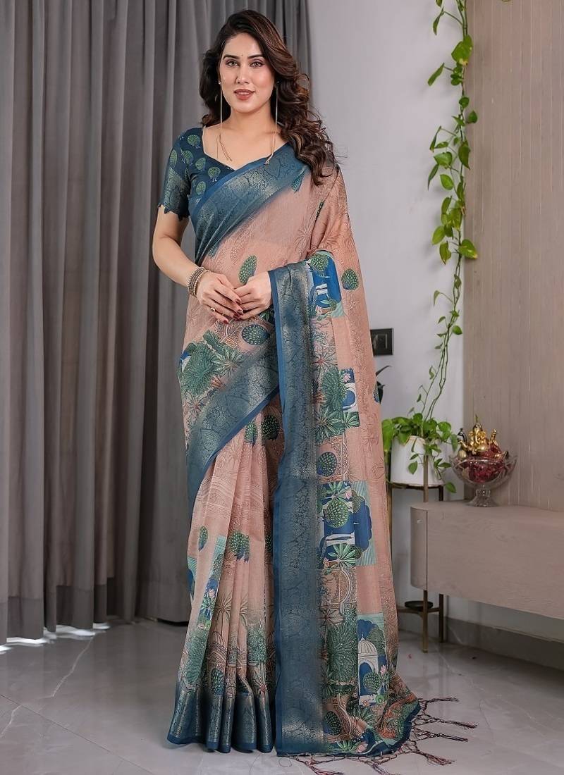 Teal color Digital Printed And Zari Woven Work Linen Saree