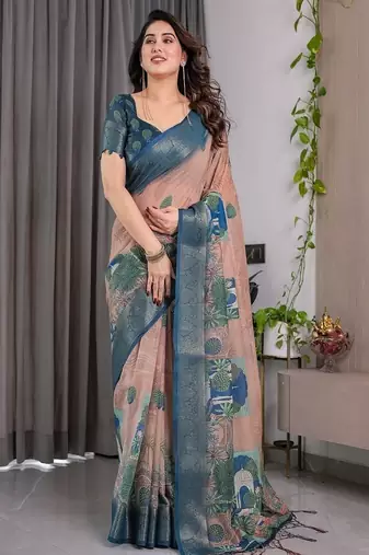 Teal color Digital Printed And Zari Woven Work Linen Saree