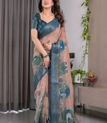 Teal color Digital Printed And Zari Woven Work Linen Saree